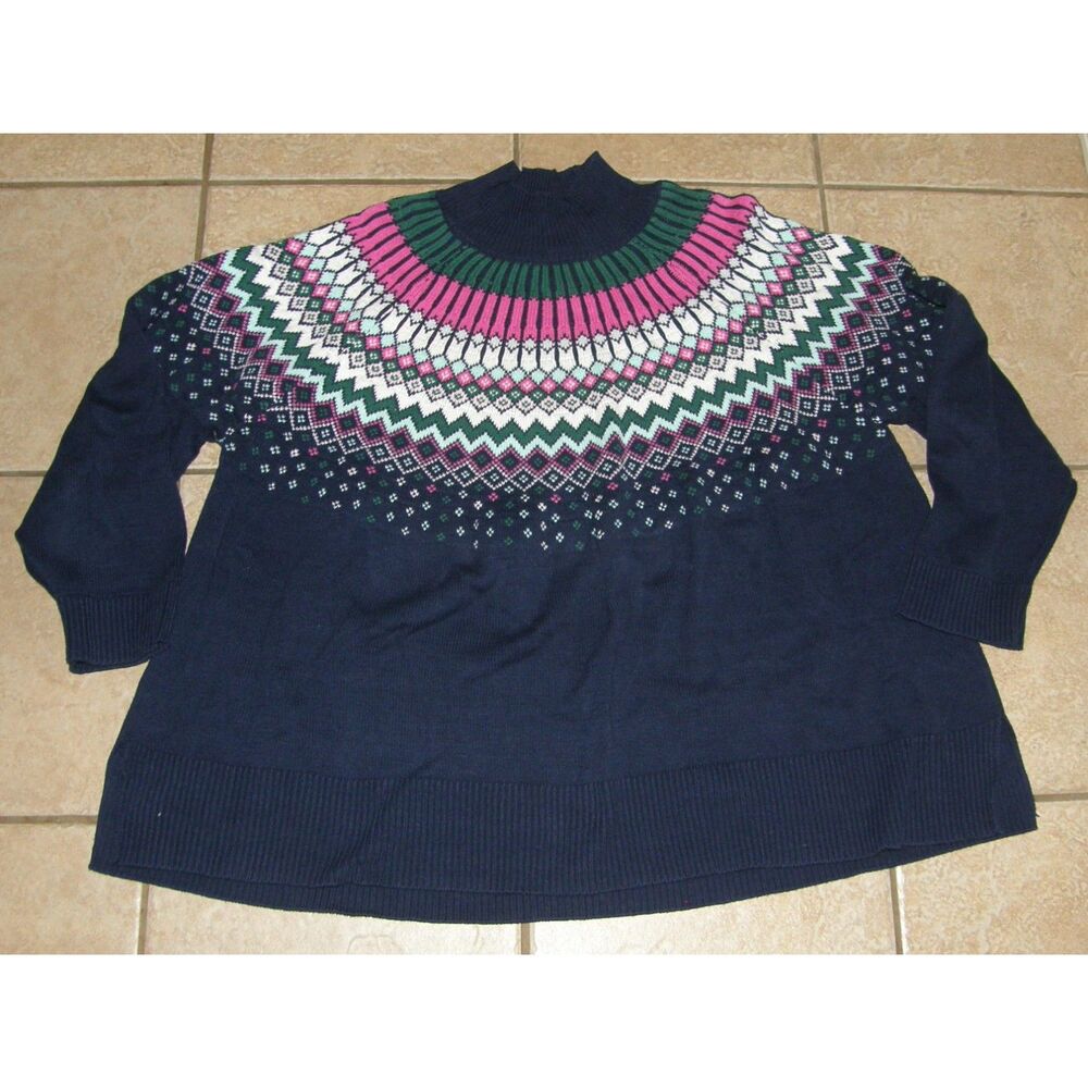 CROWN & IVY Navy Blue Fair Isle Plus Sz 3X Casual Wear Mock Neck Cozy Sweater